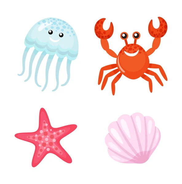 Personagem de Verão, Caranguejo Vermelho e Medusa Starfish —  Vetores de Stock