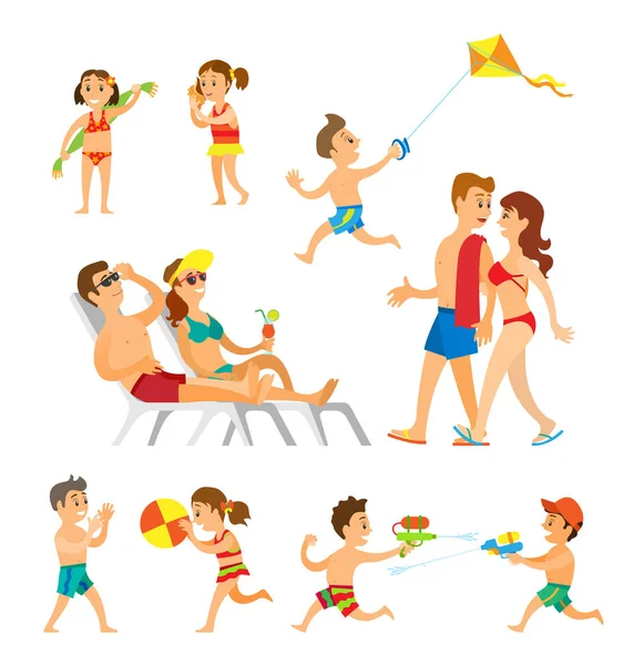 Люди на пляже, родители и дети играют — стоковый вектор