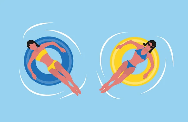 Verano, traje de baño del bikini de las mujeres, anillo inflable — Vector de stock