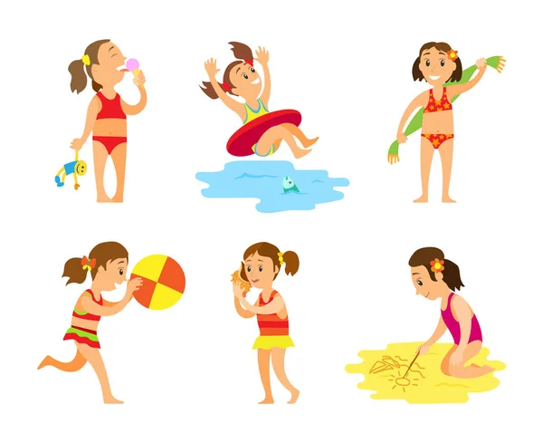 Mujer en traje de baño, Actividad de verano en vectores de playa — Vector de stock