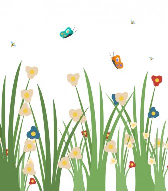 Çiçek açan ve Uçan Kelebekler ile Çim