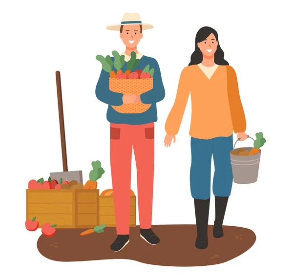 Agricultores cosechando, hombre y mujer trabajando en el campo — Archivo Imágenes Vectoriales
