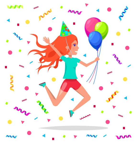 Teenage Girl in Festive Hat Jumping Birthday Party — Stock Vector