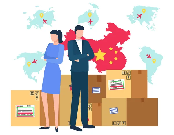 中国和中国贸易市场，地图与国旗 — 图库矢量图片
