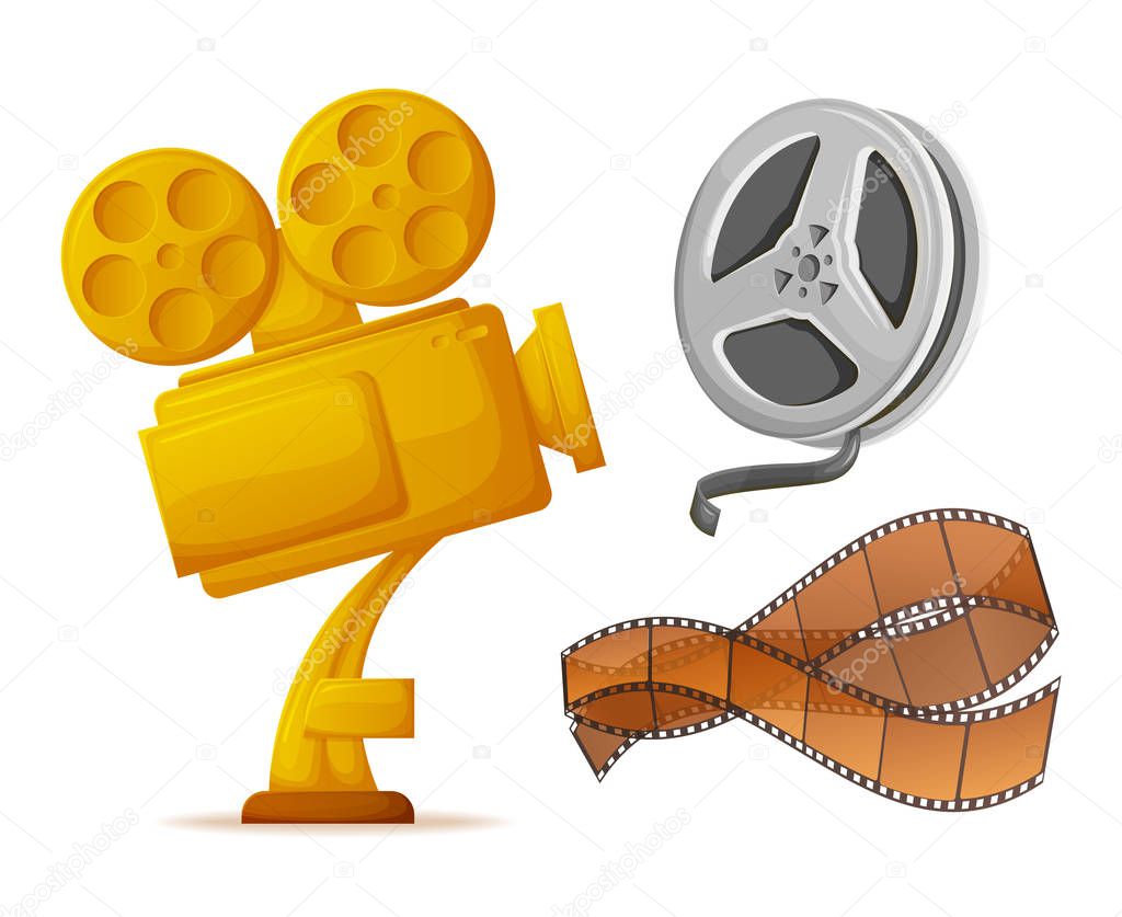 Award For Best Producer And Cameraman Vector Golden Reward In Form Of Camera With Bobbins Isolated Trophy And Stripe Recorded Tape With Shots Set Premium Vector In Adobe Illustrator Ai