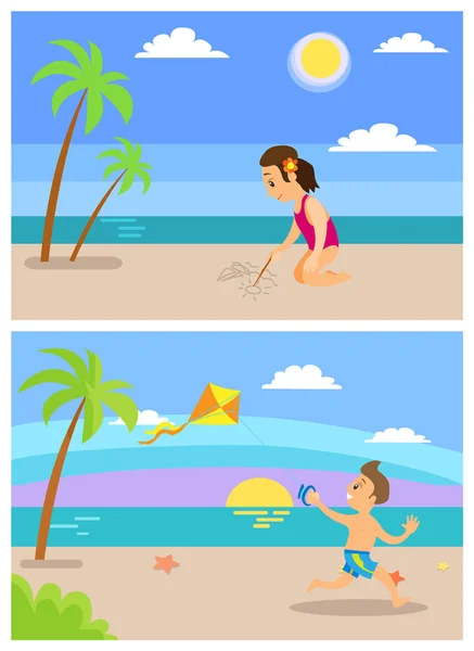 Пляжний відпочинок, діти на святкові дні ігровий набір — стоковий вектор
