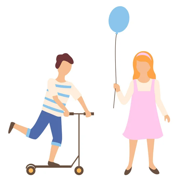 Chico balanceándose en scooter y chica con globo aerostático — Archivo Imágenes Vectoriales