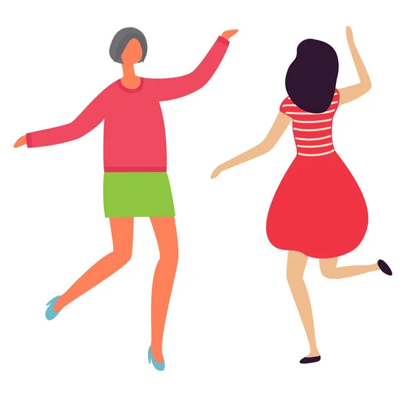 Dancing Cheerful Ladies Back Front View Flat Style — Stock Vector