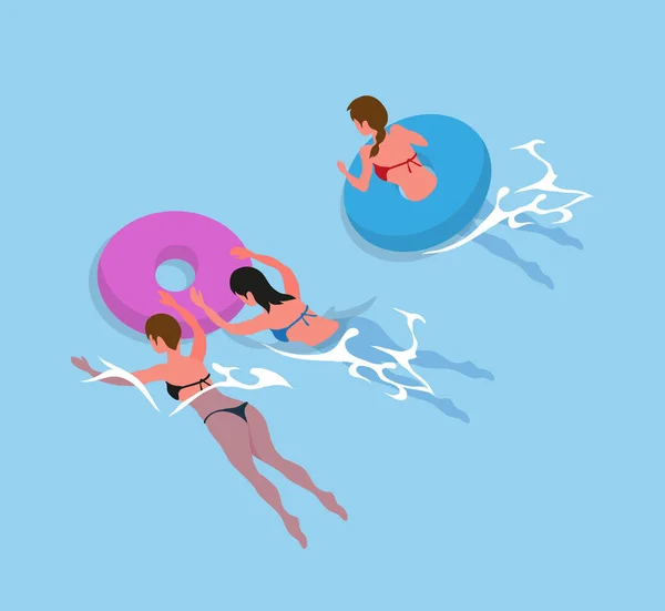 Frauen im Bikini-Badeanzug schwimmen, aufblasbarer Ring — Stockvektor