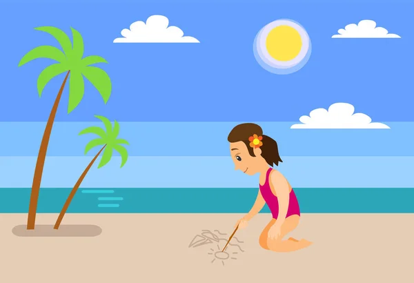 Дівчина на пляжі малює вітрильник на піску біля моря — стоковий вектор