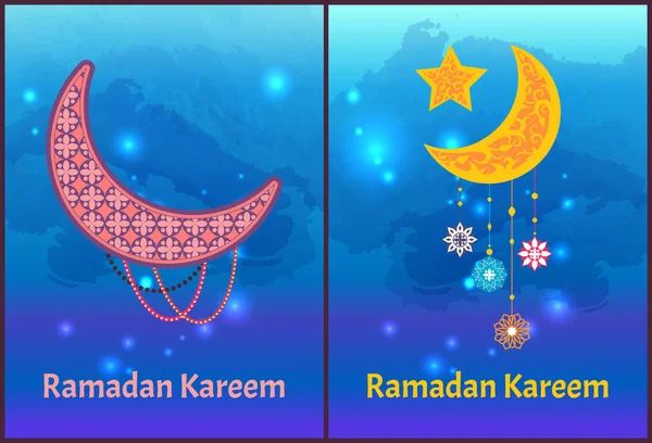 Carteles de Ramadán Kareem Conjunto de luna creciente y estrellas — Archivo Imágenes Vectoriales