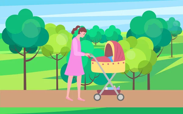 Женщина, гуляющая с ребенком, спит в коляске — стоковый вектор