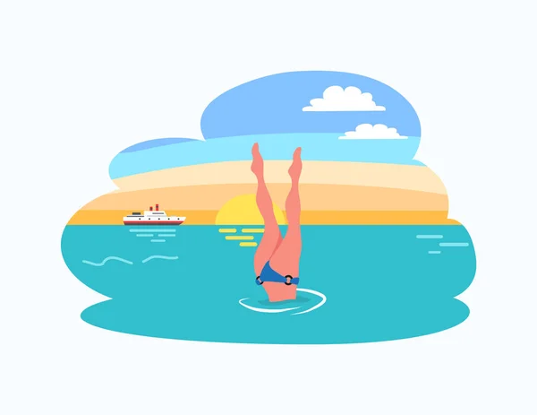 Frau taucht im Bikini-Anzug bei Sonnenuntergang die Beine hoch — Stockvektor