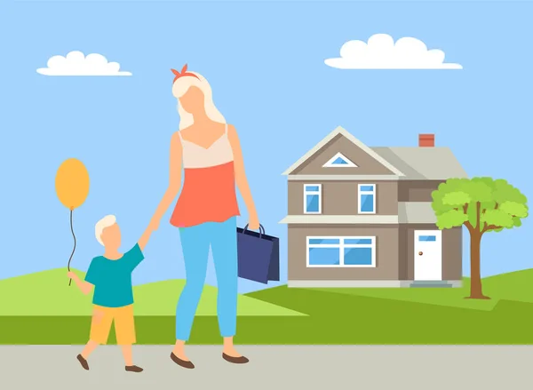 Ouder en kind gaan in de buurt van huis, wandel vector — Stockvector