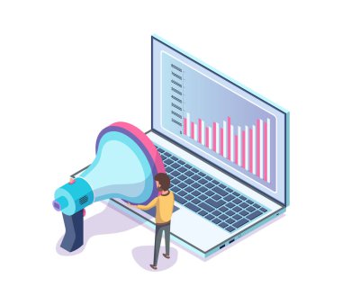 Infographics ile Laptop, Megafon ile İşçi