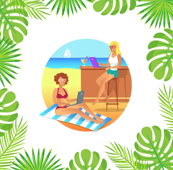 Zakenvrouwen op het strand werken met laptop vector — Stockvector