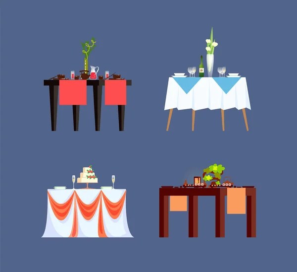 Ресторанные столы со скатертью с изолированными иконами — стоковый вектор