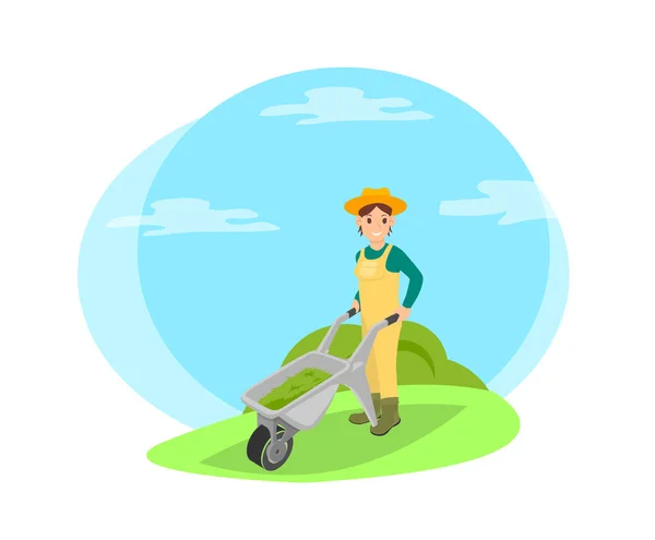 Agricultor en la granja con Wheelbarrow icono de la historieta . — Archivo Imágenes Vectoriales