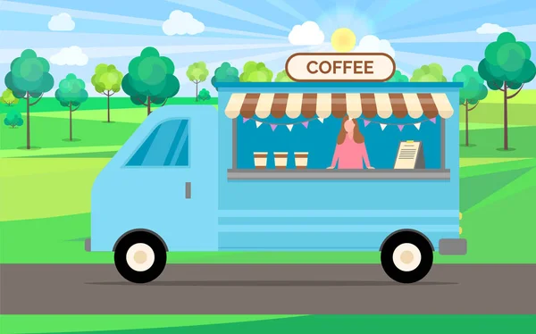 Café, Camion avec femme vendant des boissons — Image vectorielle