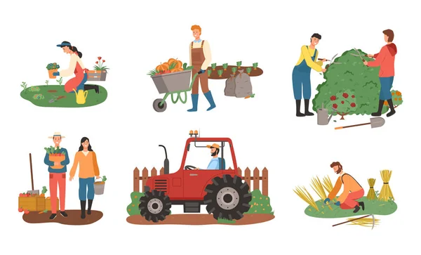 Zemědělství lidé, tahač a zahradníci — Stockový vektor