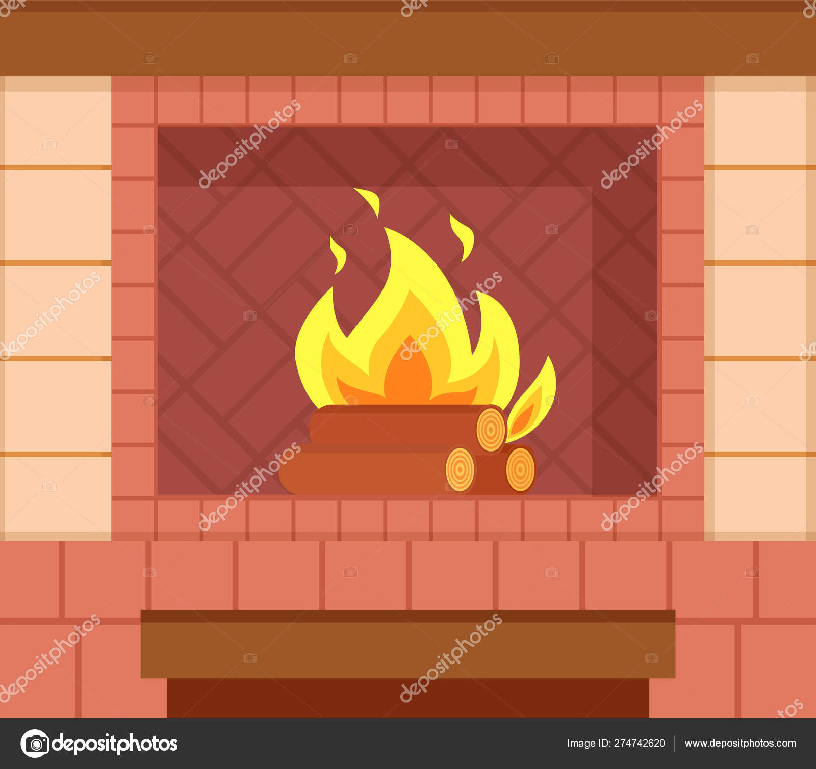 Brick Fireplace Wooden Logs Bright Burning Fire Stock Vector
