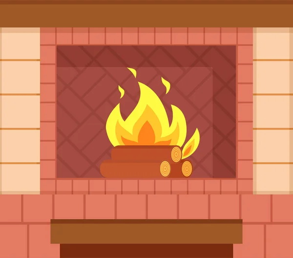 Brick Fireplace, Wooden Logs, Bright Burning Fire — Stock Vector