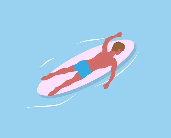 Человек плавает на доске для серфинга, изолированной в морских водах — стоковый вектор