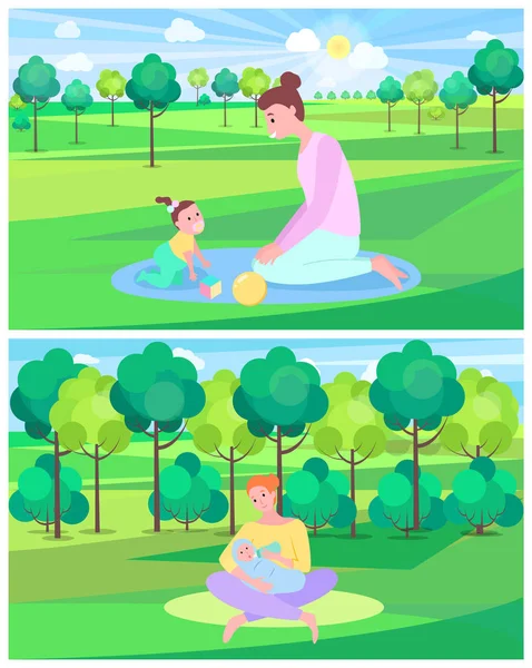 Мама и ребенок отдыхают в парке, вектор материнства — стоковый вектор