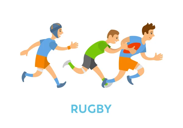Rugby Sport, Giovani in esecuzione con la palla e la caccia — Vettoriale Stock