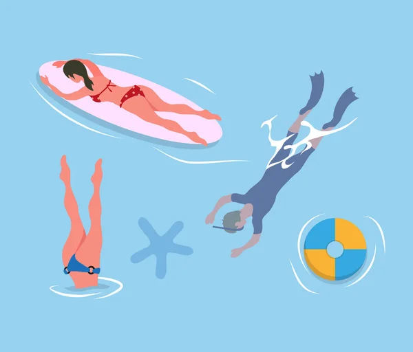 Menschen, die Beine hochlegen, Mann in Schwimmflossen und Maske — Stockvektor