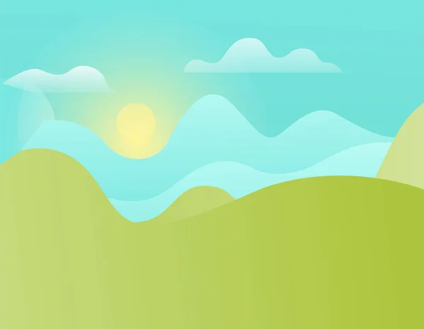 Zielone wzgórza i błękitne niebo z Shining słońce Vector — Wektor stockowy