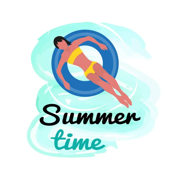 Sommerzeit, Frau im gelben Bikini schwimmt — Stockvektor
