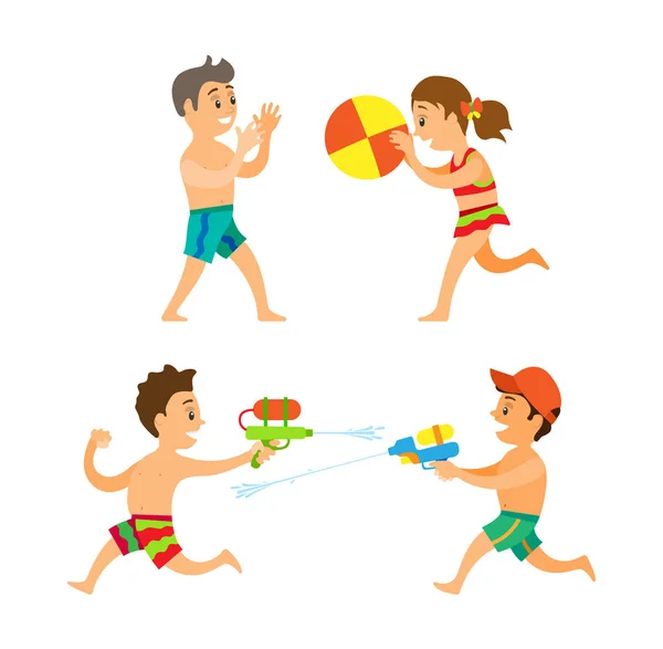 Summer Activity, Boy and Girl Playing on Beach — Stock Vector