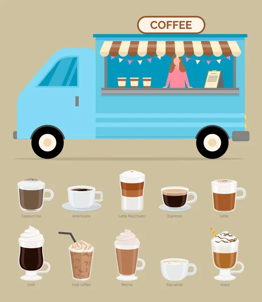 Café, Remorque avec Vendeur Types de Boissons — Image vectorielle