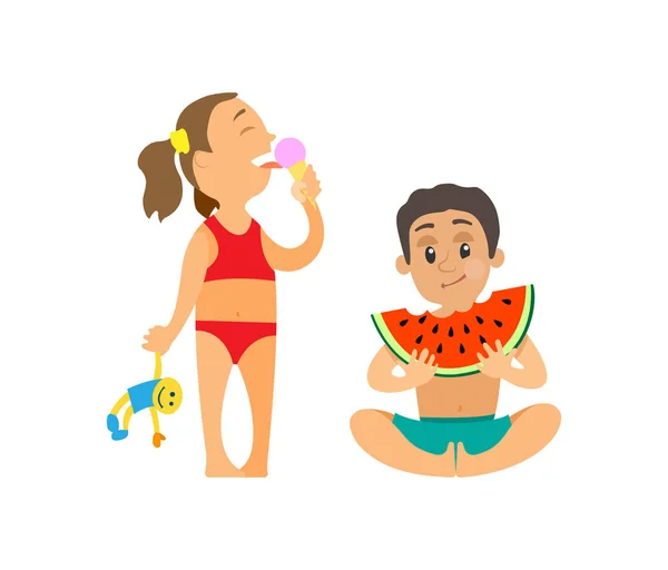 Дети лето на пляже, девочка и мальчик с закуской — стоковый вектор