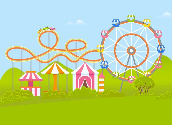 Amusement Park with Ferris Wheel and Attraction — Stock Vector