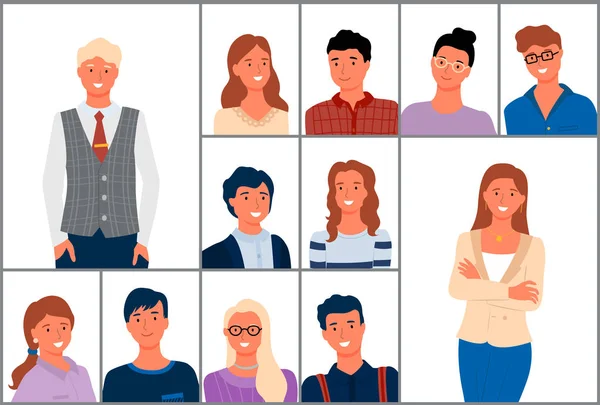 Retrato de personas, multitud de hombres y mujeres Vector — Vector de stock