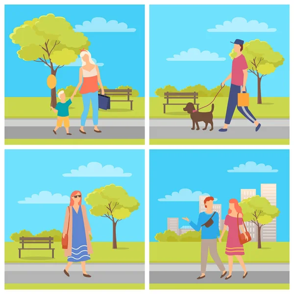 Homme et femme marchant en plein air, vecteur week-end — Image vectorielle