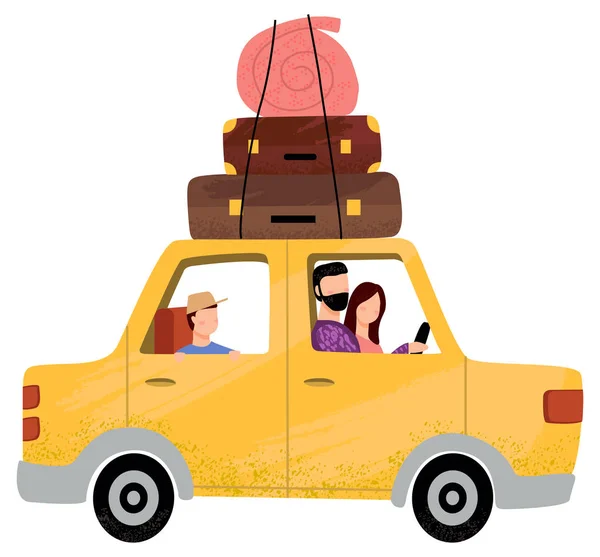 Människor som sitter i bil, familj som åker på semester — Stock vektor