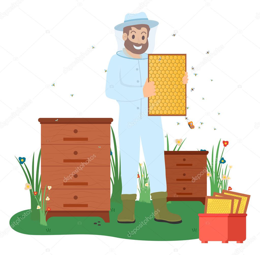 Beekeeper with Bees, Honey Making Business Vector