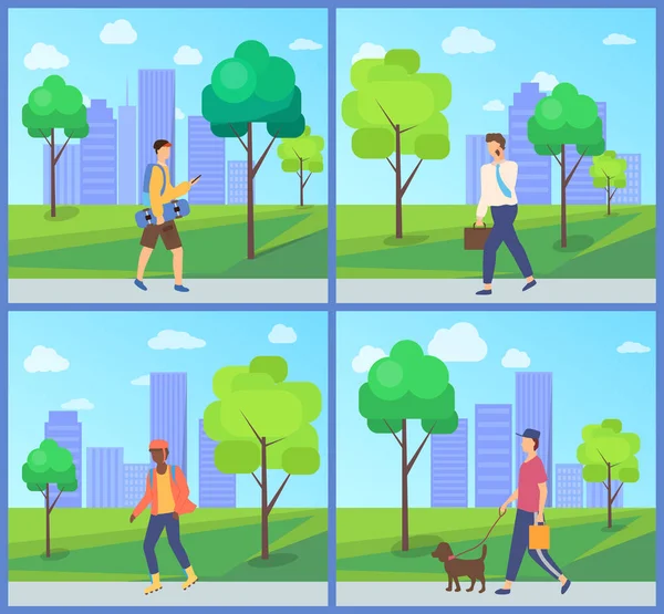Les hommes vont dans le parc de la ville, vecteur d'activités de plein air — Image vectorielle