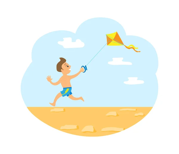 Winddrachen und kleines Kind laufen auf Strandvektor — Stockvektor