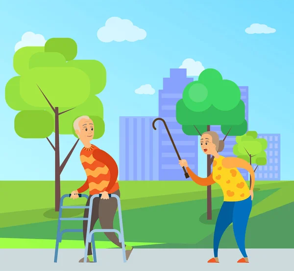 Paseo urbano en la ciudad Abuela y abuelo — Vector de stock