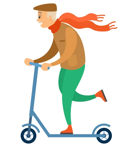 Old Hipster Man Riding Scooter, Grandfather Sport — Stock Vector