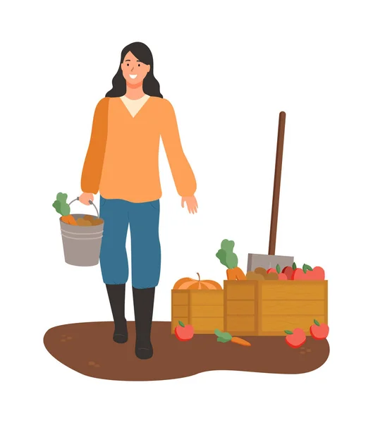 Mujer llevando zanahorias en cubo, Caja con verduras — Archivo Imágenes Vectoriales