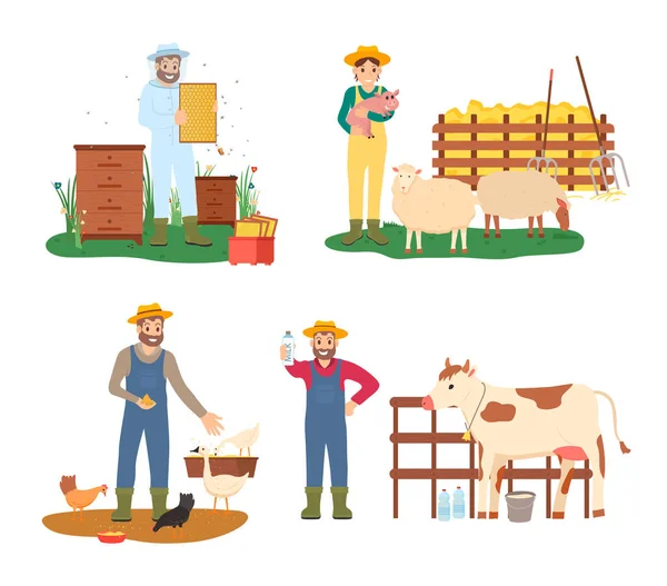 Rolników pracujących ze zwierzętami, rolnictwo ludzie zestaw — Wektor stockowy