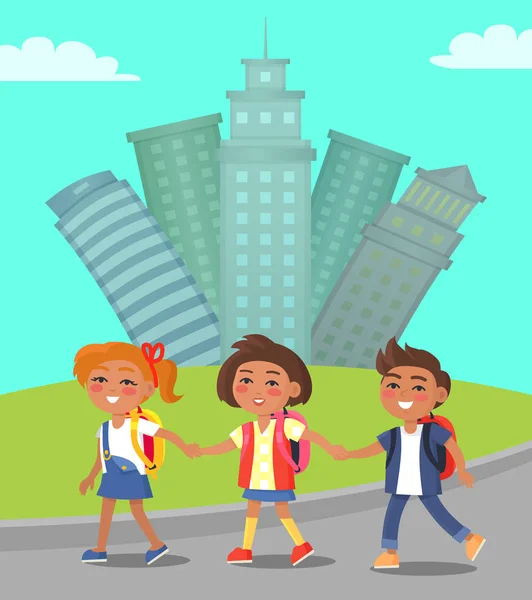 Děti procházka městem Cityscape s mrakodrapy — Stockový vektor