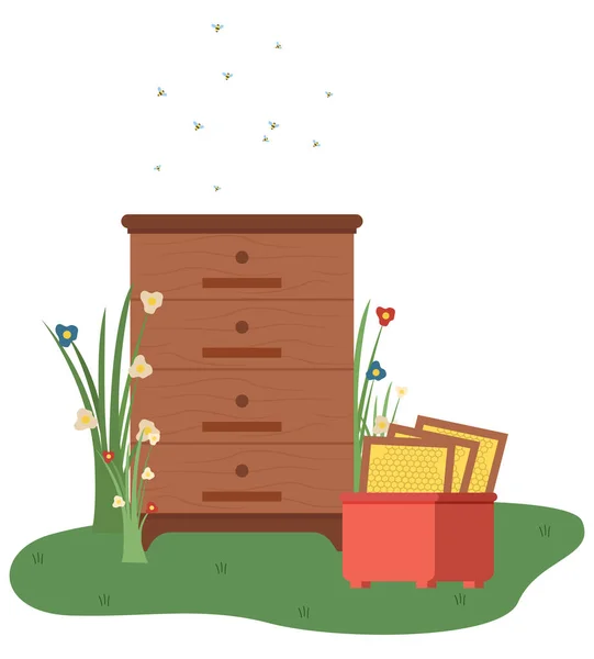 Tiroirs et armoires avec des abeilles volantes Agriculture — Image vectorielle