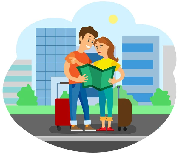 Pareja mirando el mapa encontrando su camino en la ciudad — Vector de stock