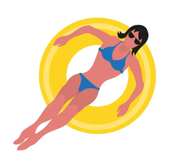 Hora de verano, mujer en bikini en anillo inflable — Vector de stock